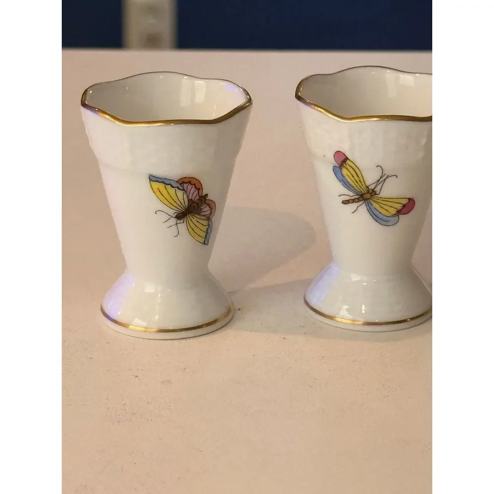 Herend Rothschild Bird Mini Vase Pair 280 RO Hand Painted Porcelain Gold Trim